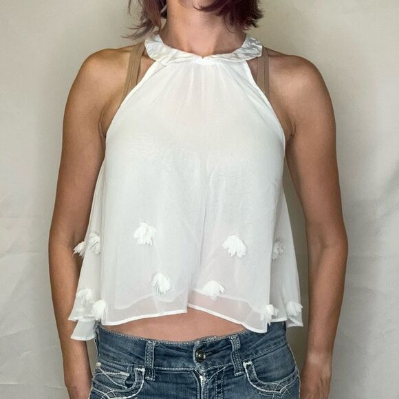 Free People Women's Crop Sheer Floral High Neck Tank Top XS Extra Small Cream - Picture 1 of 10